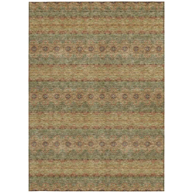 5' X 8' Artichoke Green And Olive Green Floral Medallion Washable Indoor Outdoor Area Rug