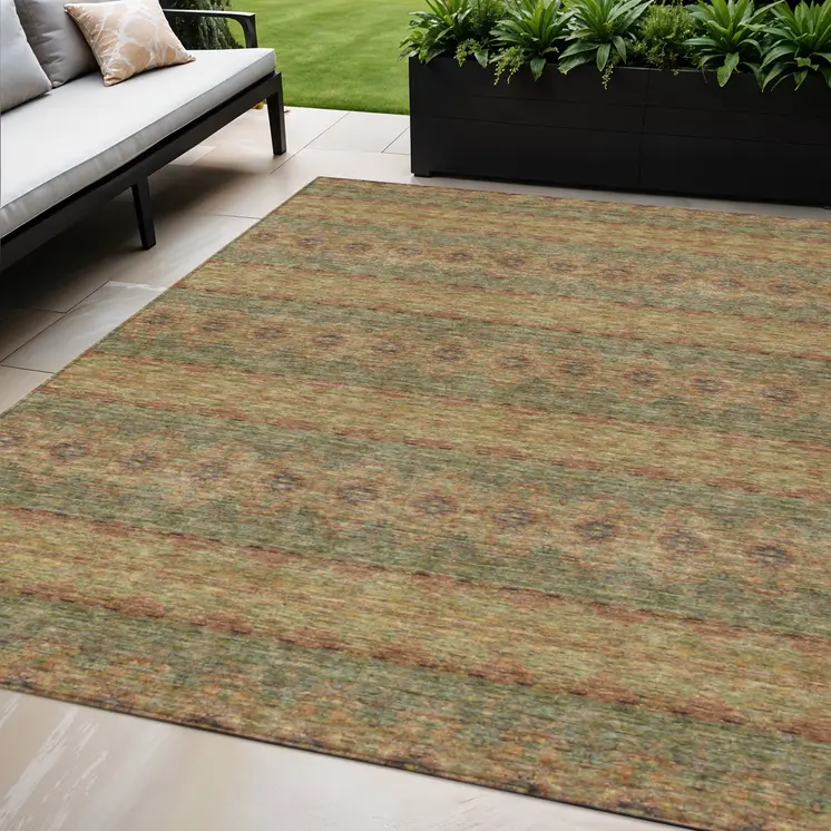5' X 8' Artichoke Green And Olive Green Floral Medallion Washable Indoor Outdoor Area Rug