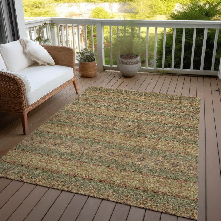 5' X 8' Artichoke Green And Olive Green Floral Medallion Washable Indoor Outdoor Area Rug