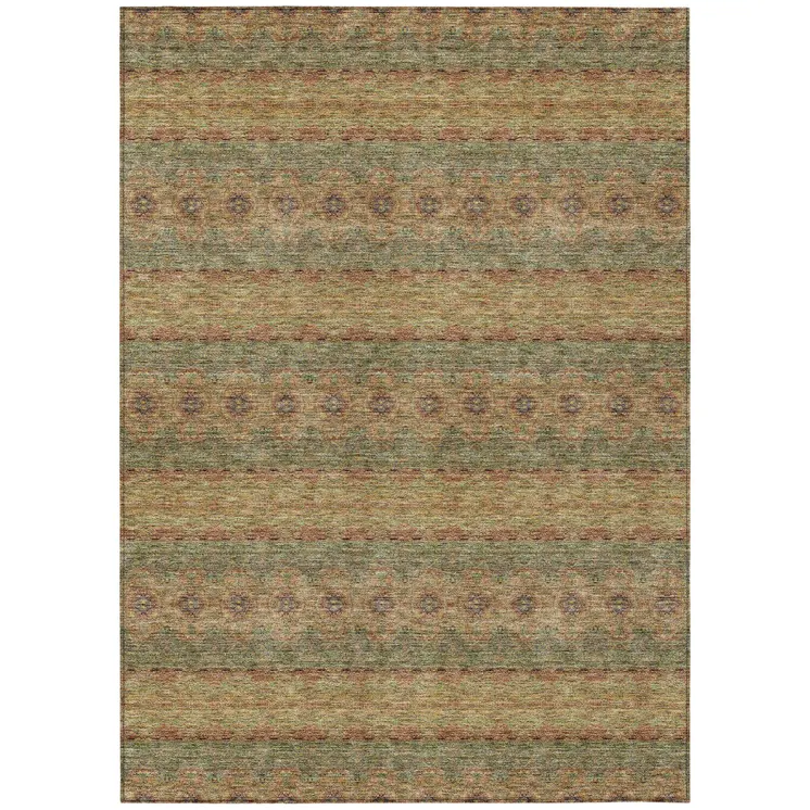 5' X 8' Artichoke Green And Olive Green Floral Medallion Washable Indoor Outdoor Area Rug