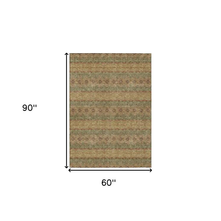 5' X 8' Artichoke Green And Olive Green Floral Medallion Washable Indoor Outdoor Area Rug
