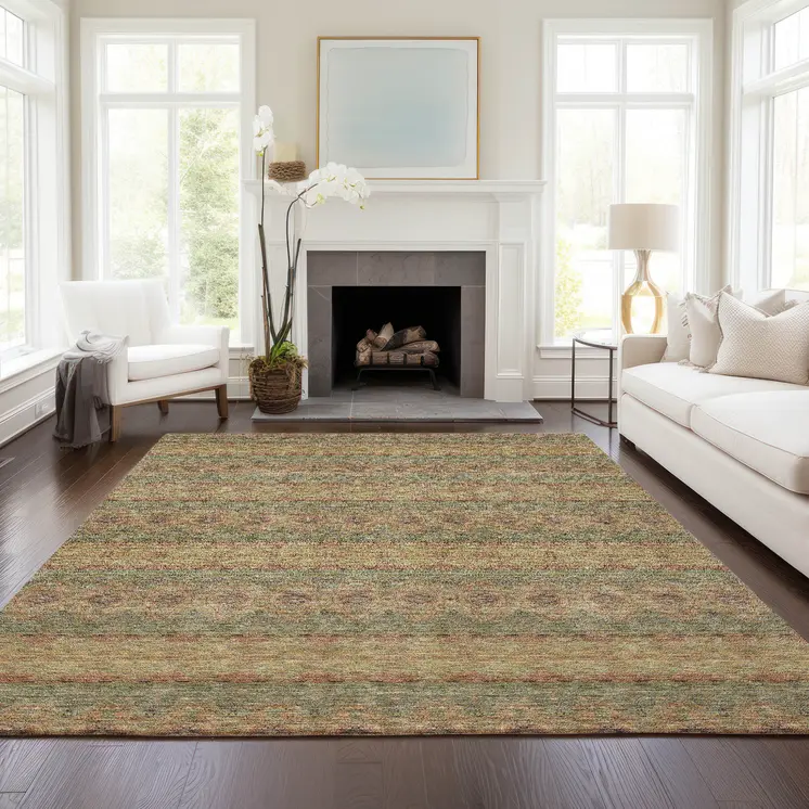 5' X 8' Artichoke Green And Olive Green Floral Medallion Washable Indoor Outdoor Area Rug