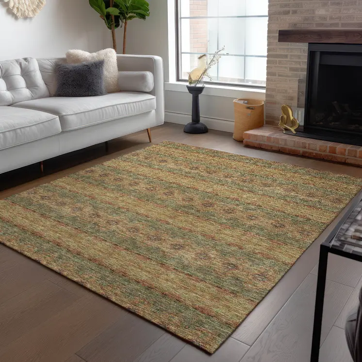 5' X 8' Artichoke Green And Olive Green Floral Medallion Washable Indoor Outdoor Area Rug