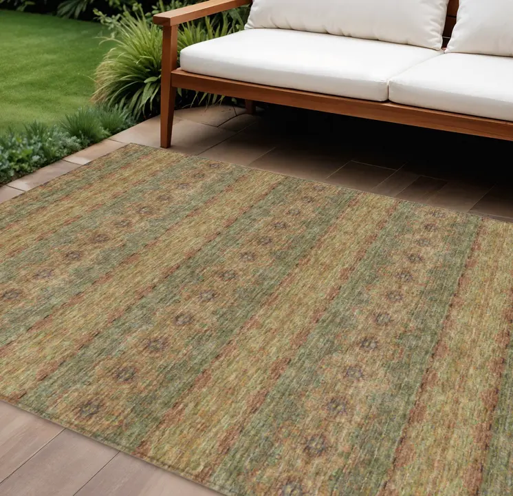 8' X 10' Artichoke Green And Olive Green Floral Medallion Washable Indoor Outdoor Area Rug