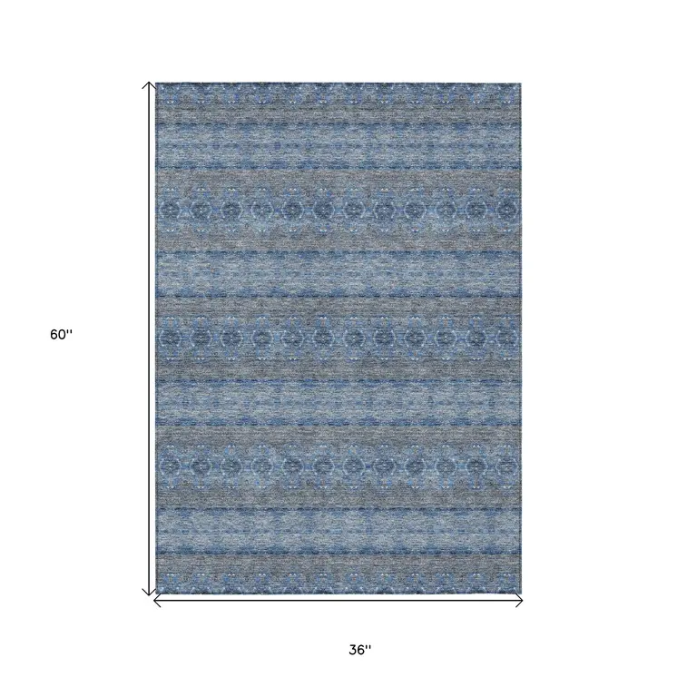 3' X 5' Navy Blue And Sky Blue Floral Medallion Washable Indoor Outdoor Area Rug