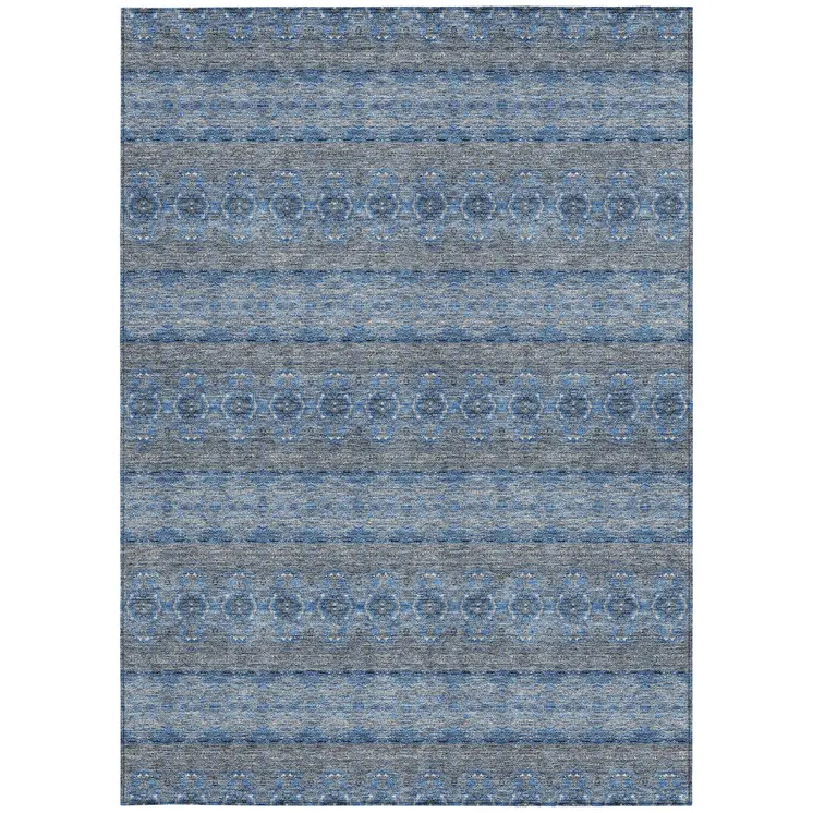 5' X 8' Navy Blue And Sky Blue Floral Medallion Washable Indoor Outdoor Area Rug
