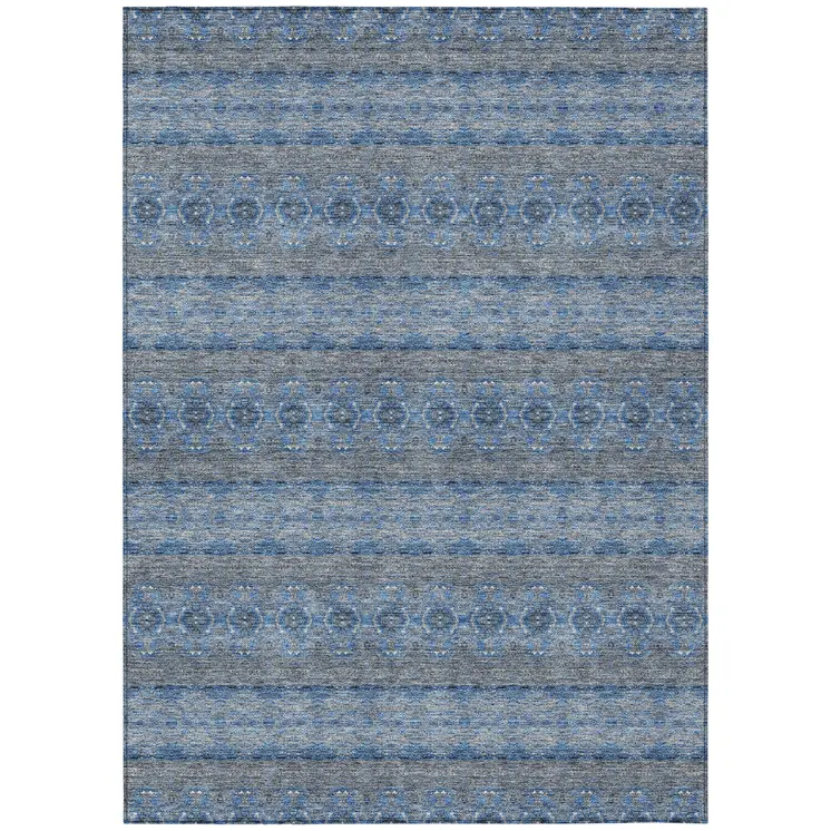 5' X 8' Navy Blue And Sky Blue Floral Medallion Washable Indoor Outdoor Area Rug