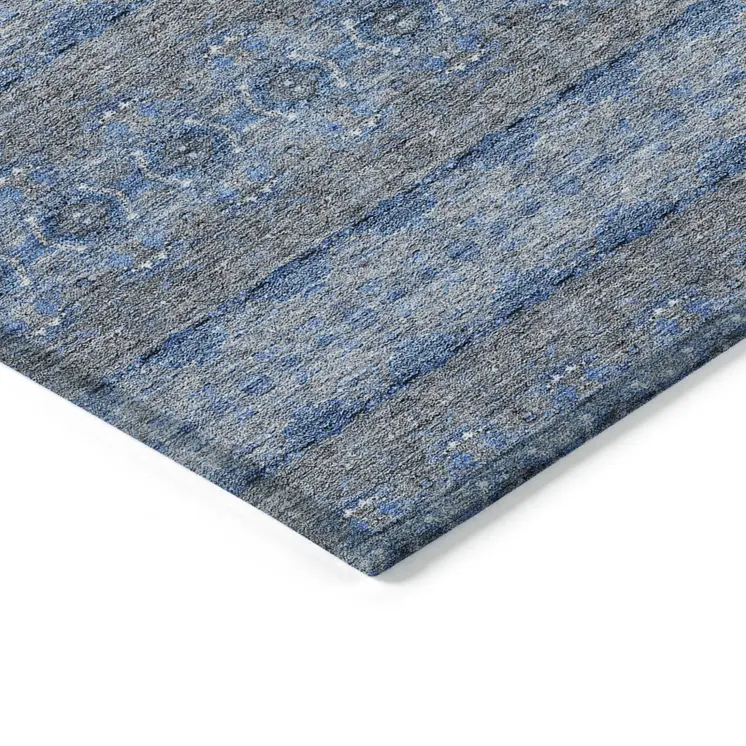 5' X 8' Navy Blue And Sky Blue Floral Medallion Washable Indoor Outdoor Area Rug