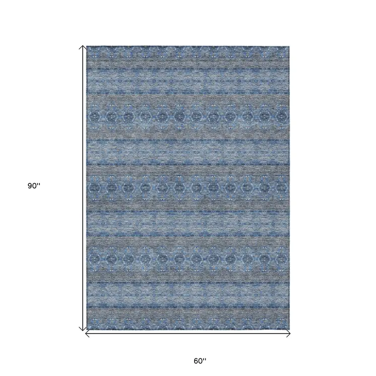 5' X 8' Navy Blue And Sky Blue Floral Medallion Washable Indoor Outdoor Area Rug