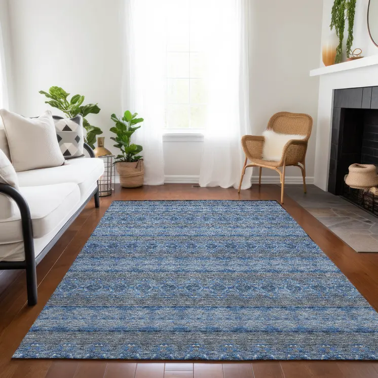 5' X 8' Navy Blue And Sky Blue Floral Medallion Washable Indoor Outdoor Area Rug