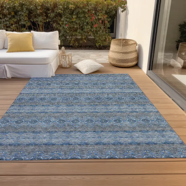 5' X 8' Navy Blue And Sky Blue Floral Medallion Washable Indoor Outdoor Area Rug