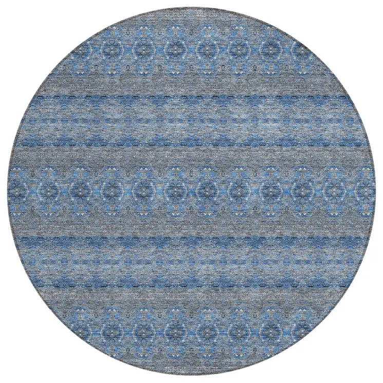 8' Navy Blue And Sky Blue Round Floral Medallion Washable Indoor Outdoor Area Rug