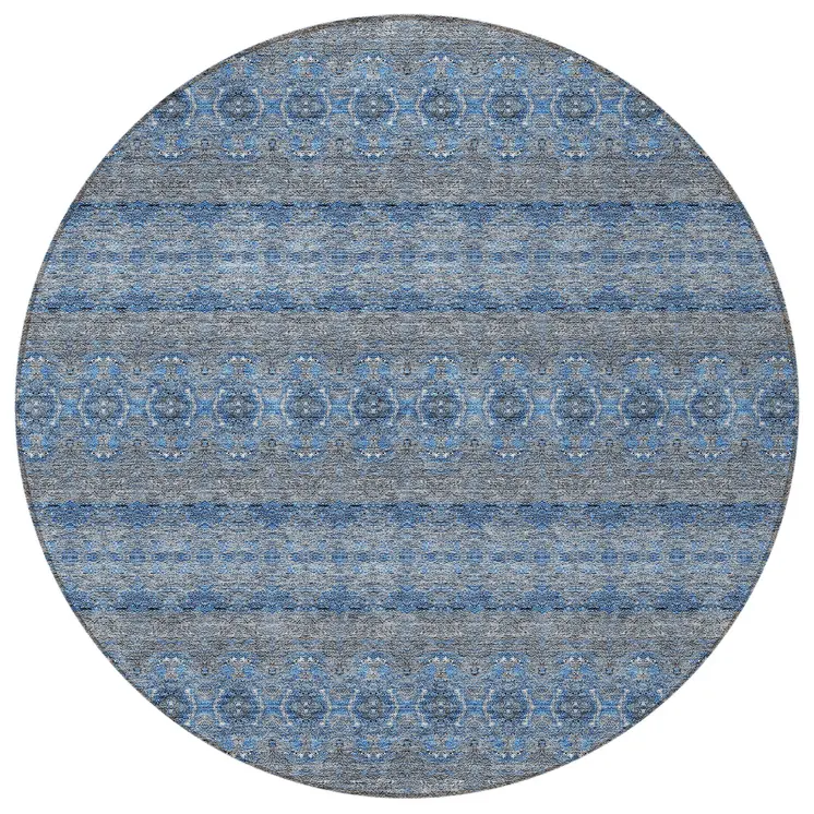 8' Navy Blue And Sky Blue Round Floral Medallion Washable Indoor Outdoor Area Rug