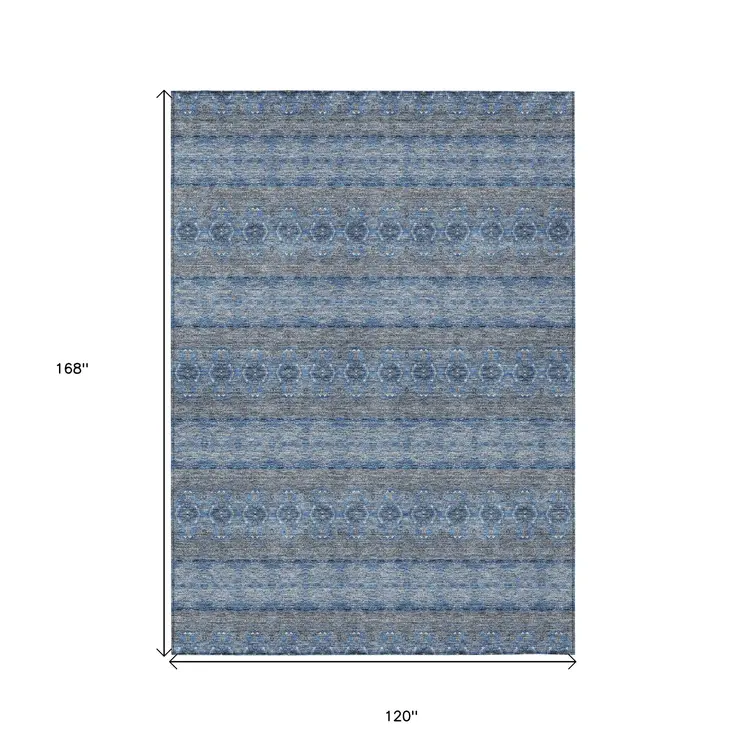 10' X 14' Navy Blue And Sky Blue Floral Medallion Washable Indoor Outdoor Area Rug