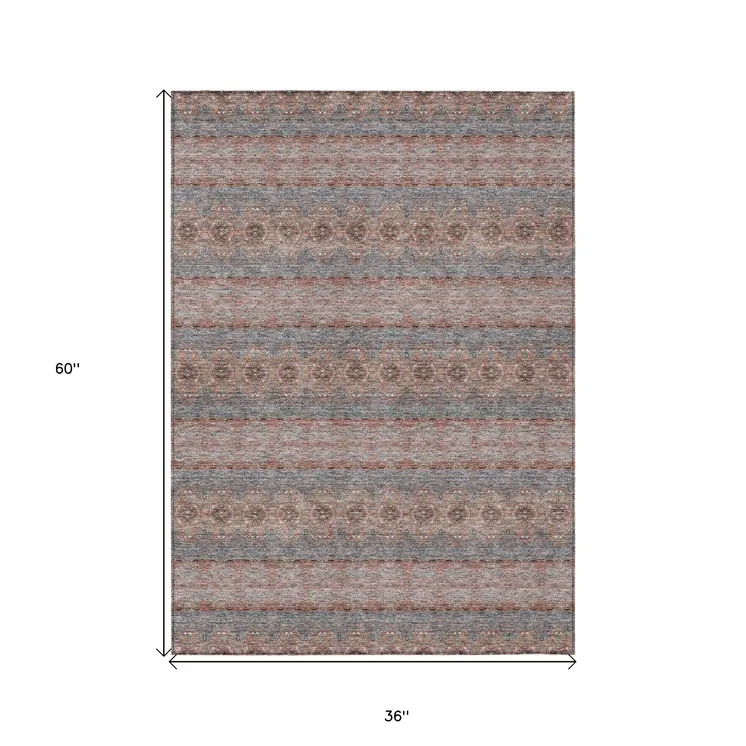 3' X 5' Orange Copper And Gray Floral Medallion Washable Indoor Outdoor Area Rug