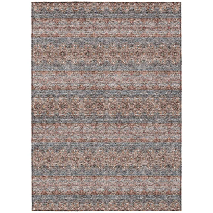5' X 8' Orange Copper And Gray Floral Medallion Washable Indoor Outdoor Area Rug