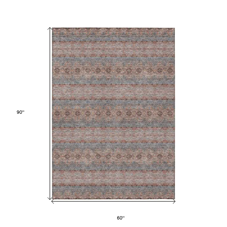 5' X 8' Orange Copper And Gray Floral Medallion Washable Indoor Outdoor Area Rug