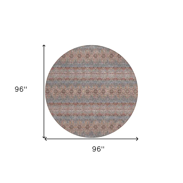 8' Orange Copper And Gray Round Floral Medallion Washable Indoor Outdoor Area Rug