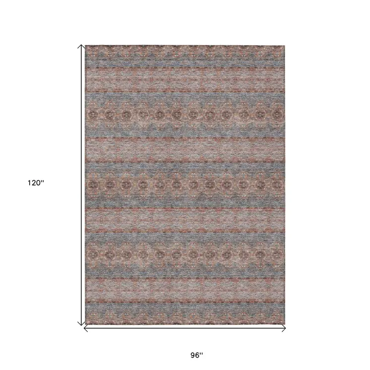 8' X 10' Orange Copper And Gray Floral Medallion Washable Indoor Outdoor Area Rug