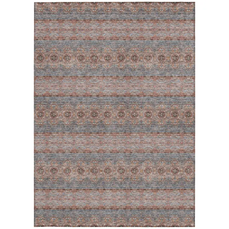 9' X 12' Orange Copper And Gray Floral Medallion Washable Indoor Outdoor Area Rug