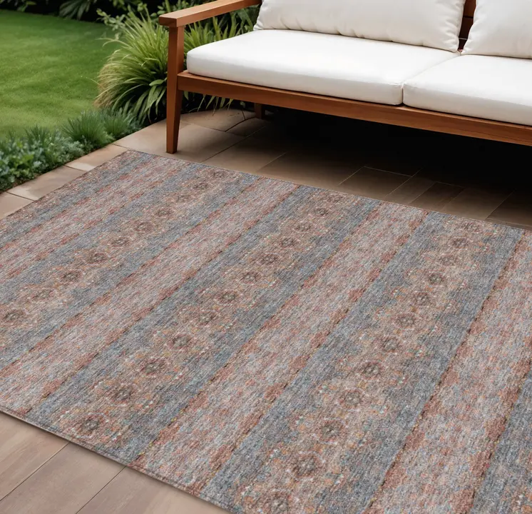 9' X 12' Orange Copper And Gray Floral Medallion Washable Indoor Outdoor Area Rug