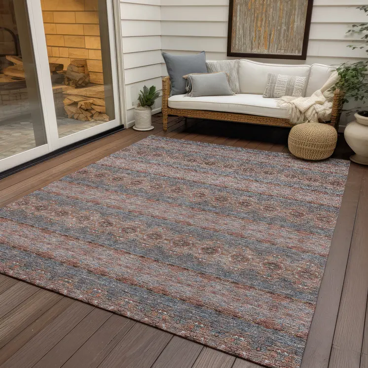 9' X 12' Orange Copper And Gray Floral Medallion Washable Indoor Outdoor Area Rug