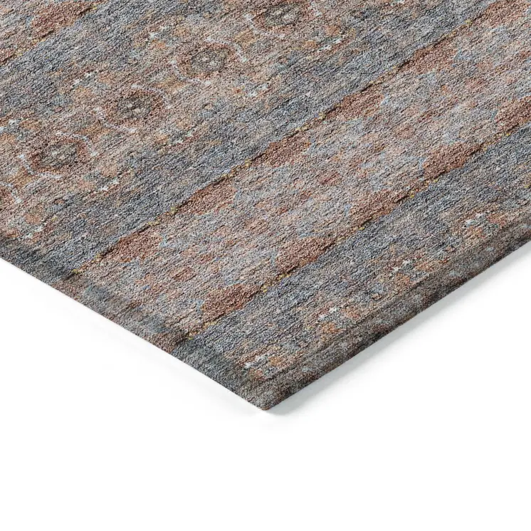 9' X 12' Orange Copper And Gray Floral Medallion Washable Indoor Outdoor Area Rug