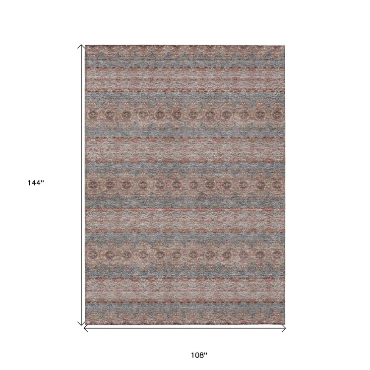 9' X 12' Orange Copper And Gray Floral Medallion Washable Indoor Outdoor Area Rug