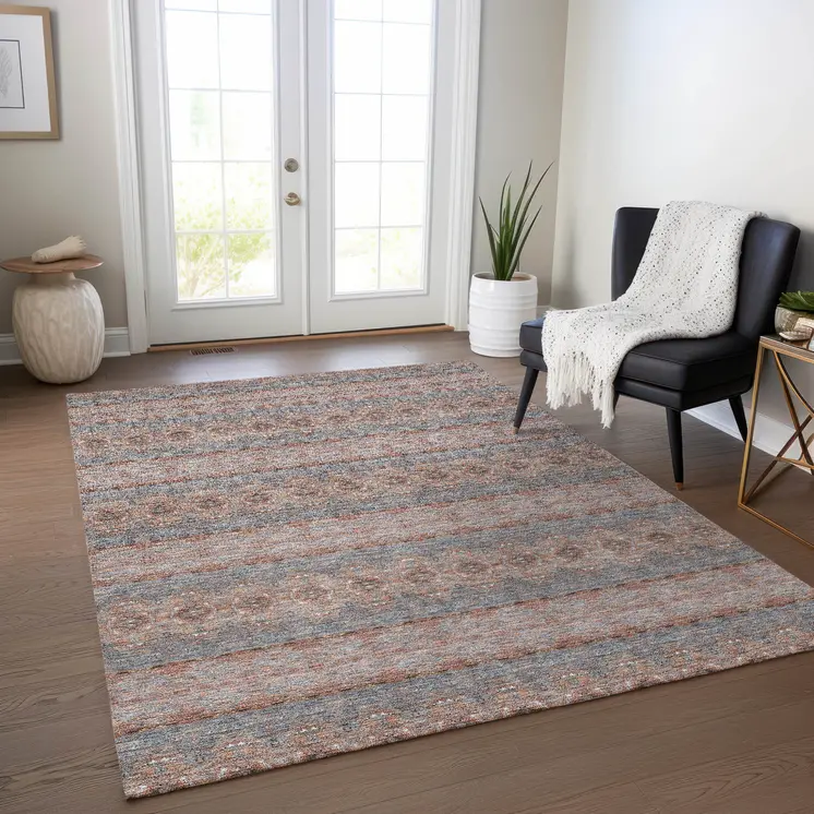 9' X 12' Orange Copper And Gray Floral Medallion Washable Indoor Outdoor Area Rug