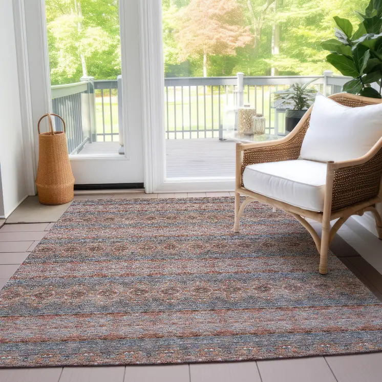 9' X 12' Orange Copper And Gray Floral Medallion Washable Indoor Outdoor Area Rug