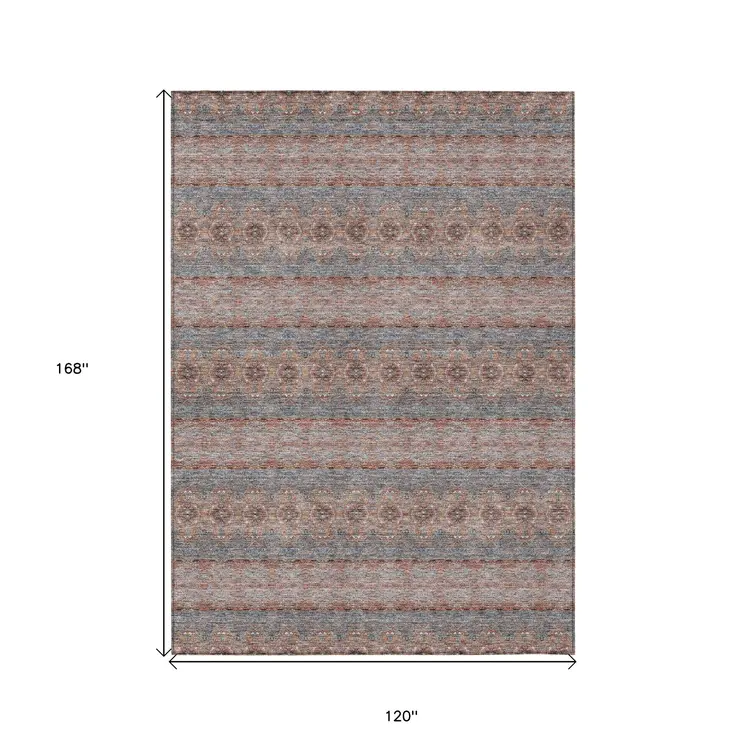 10' X 14' Orange Copper And Gray Floral Medallion Washable Indoor Outdoor Area Rug