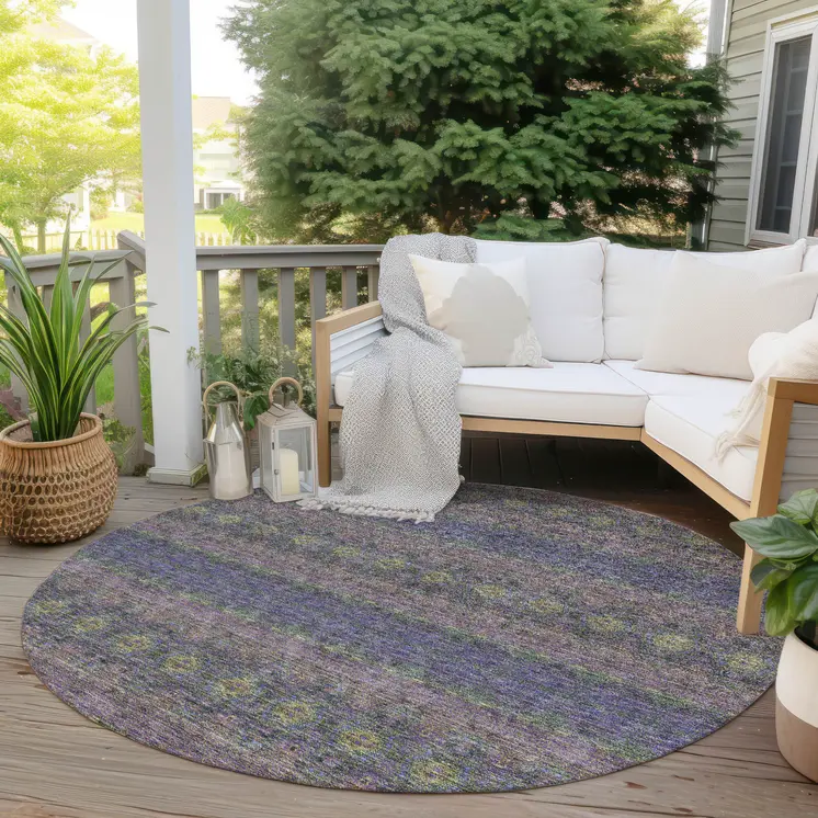 8' Purple Plum And Gold Round Floral Medallion Washable Indoor Outdoor Area Rug