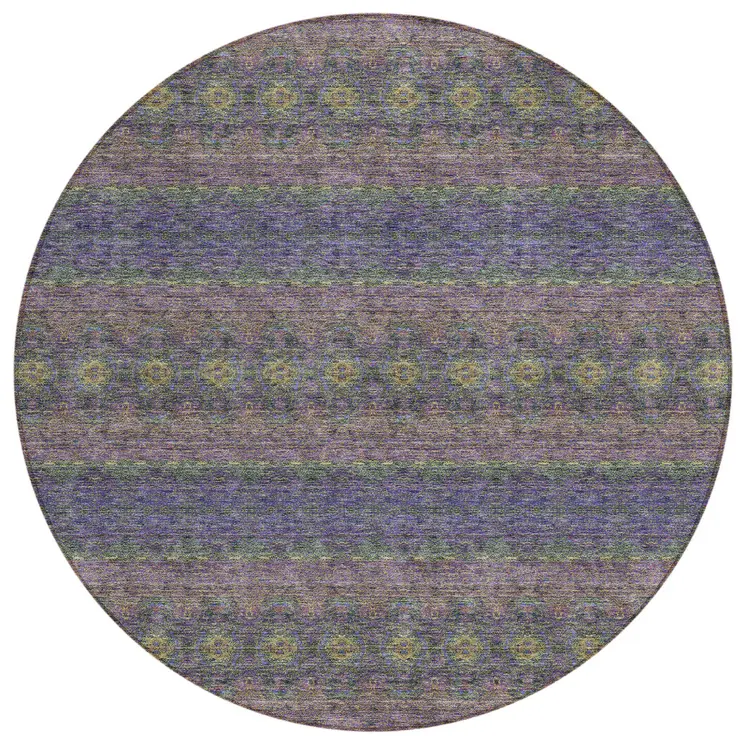 8' Purple Plum And Gold Round Floral Medallion Washable Indoor Outdoor Area Rug