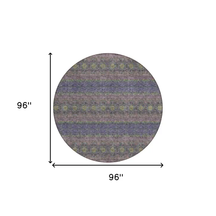 8' Purple Plum And Gold Round Floral Medallion Washable Indoor Outdoor Area Rug