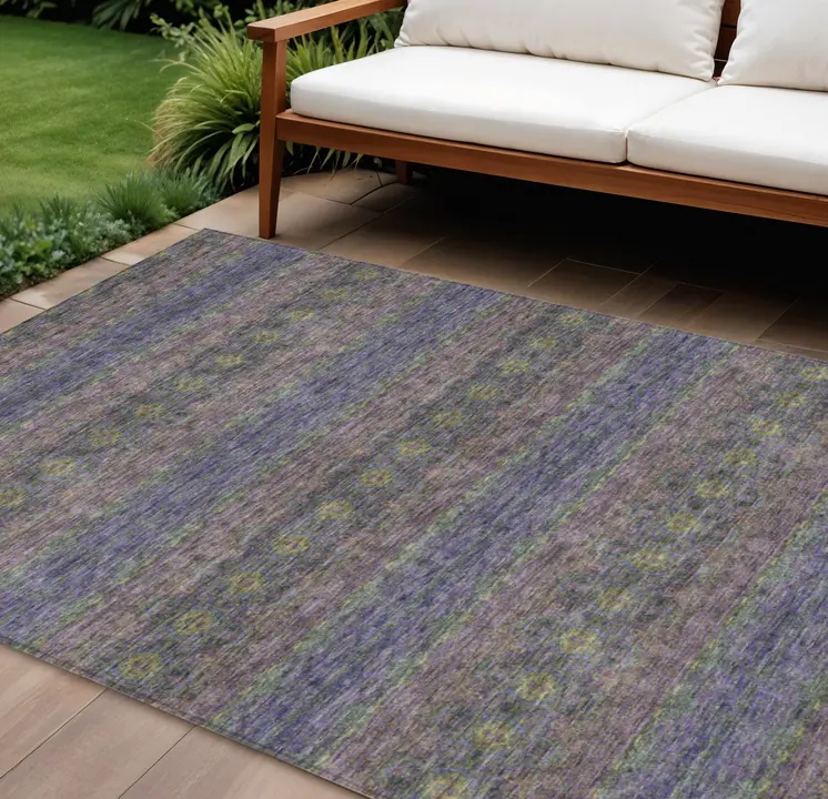8' X 10' Purple Plum And Gold Floral Medallion Washable Indoor Outdoor Area Rug