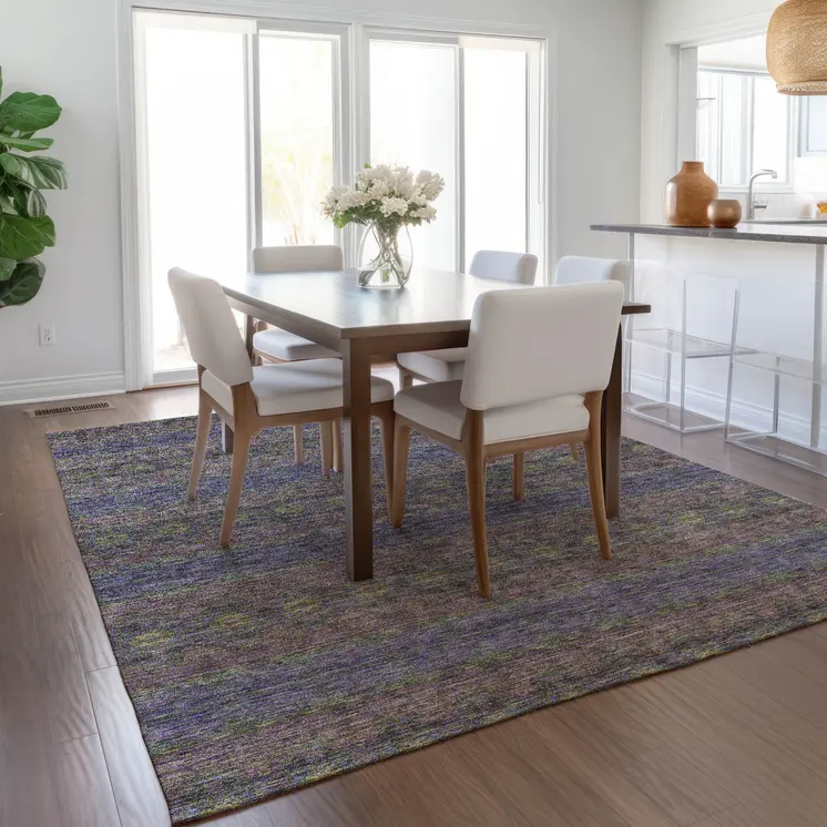 8' X 10' Purple Plum And Gold Floral Medallion Washable Indoor Outdoor Area Rug