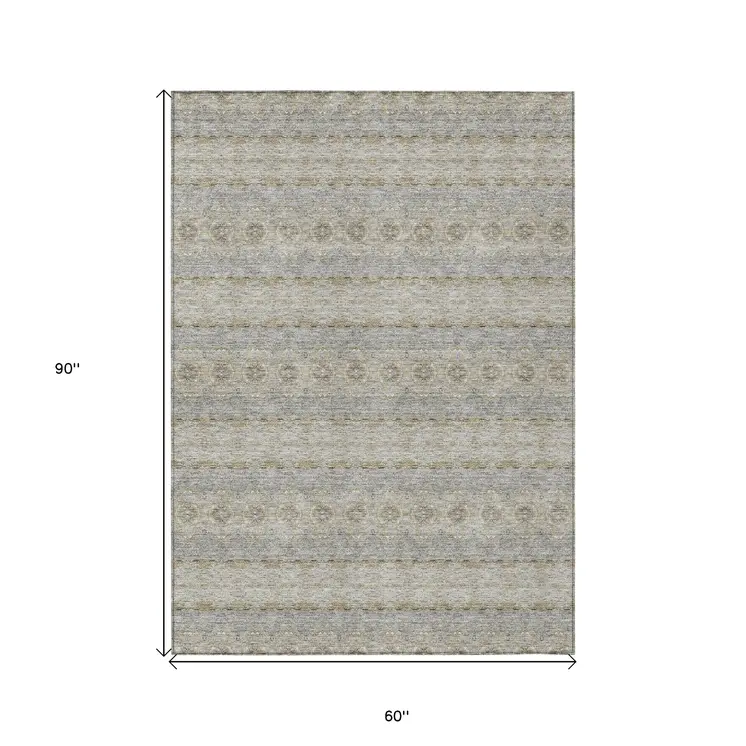 5' X 8' Silver Gray And Gold Floral Medallion Washable Indoor Outdoor Area Rug