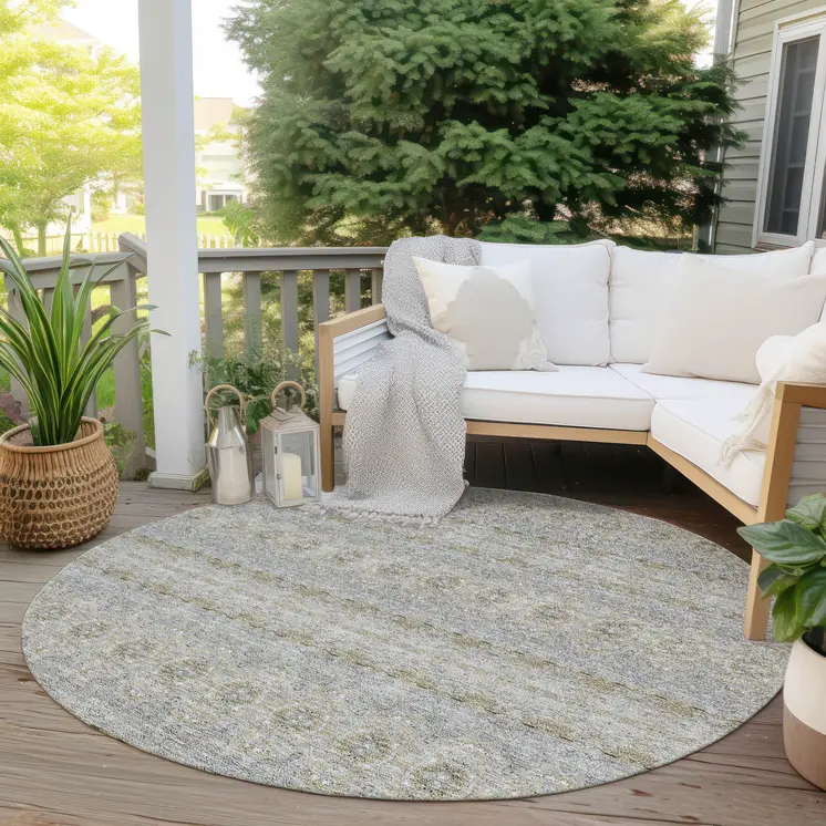 8' Silver Gray And Gold Round Floral Medallion Washable Indoor Outdoor Area Rug