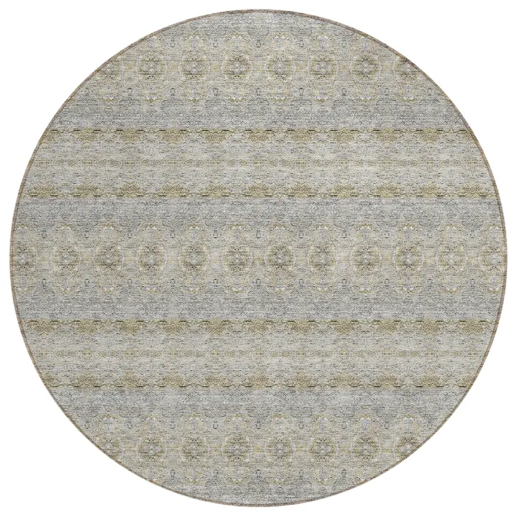 8' Silver Gray And Gold Round Floral Medallion Washable Indoor Outdoor Area Rug