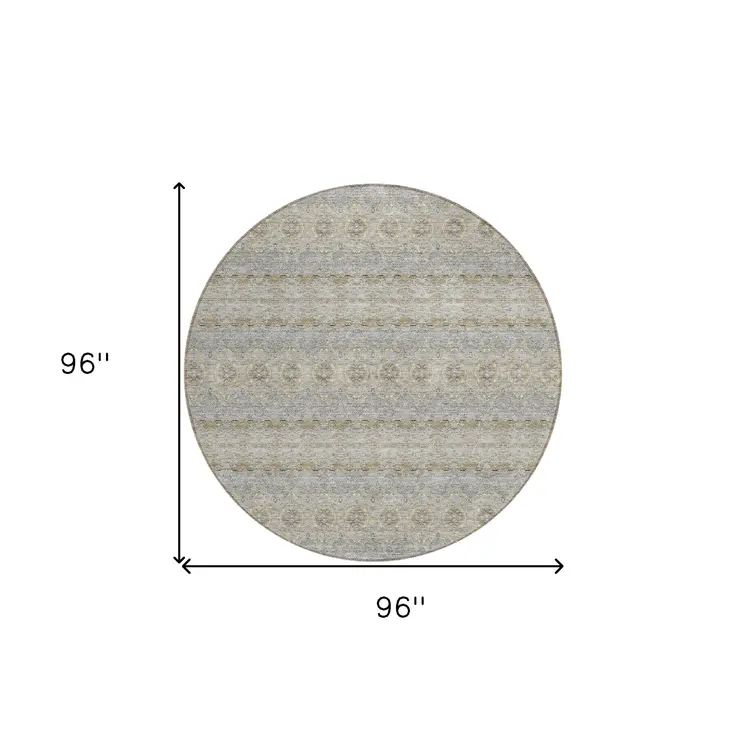 8' Silver Gray And Gold Round Floral Medallion Washable Indoor Outdoor Area Rug