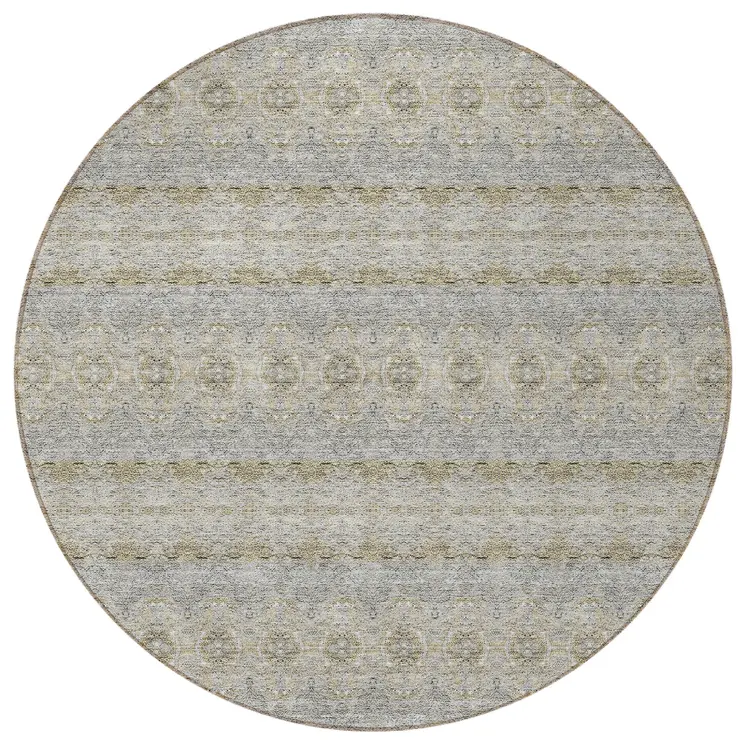 8' Silver Gray And Gold Round Floral Medallion Washable Indoor Outdoor Area Rug