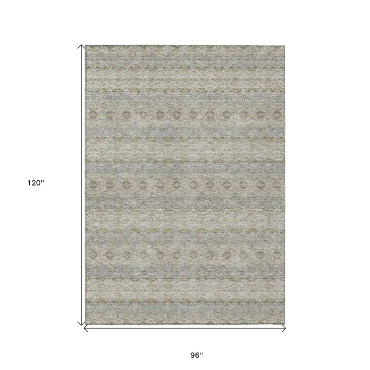 8' X 10' Silver Gray And Gold Floral Medallion Washable Indoor Outdoor Area Rug