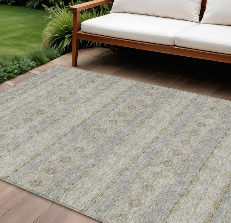 9' X 12' Silver Gray And Gold Floral Medallion Washable Indoor Outdoor Area Rug