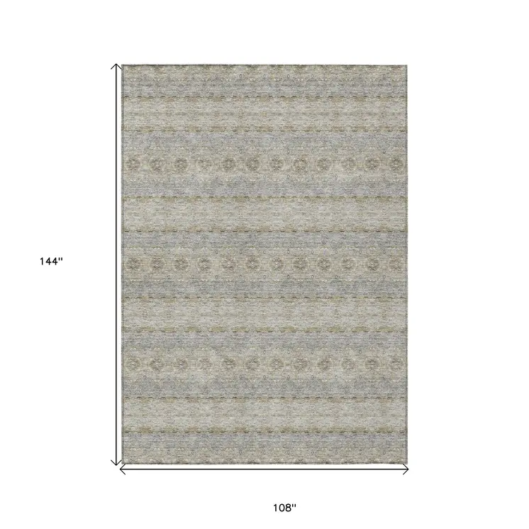 9' X 12' Silver Gray And Gold Floral Medallion Washable Indoor Outdoor Area Rug