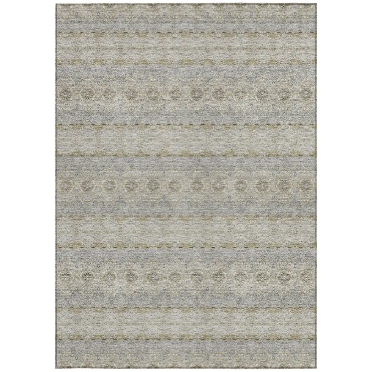 10' X 14' Silver Gray And Gold Floral Medallion Washable Indoor Outdoor Area Rug