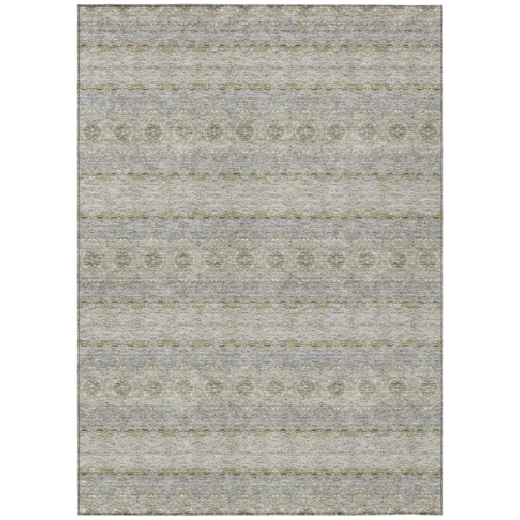 10' X 14' Silver Gray And Gold Floral Medallion Washable Indoor Outdoor Area Rug