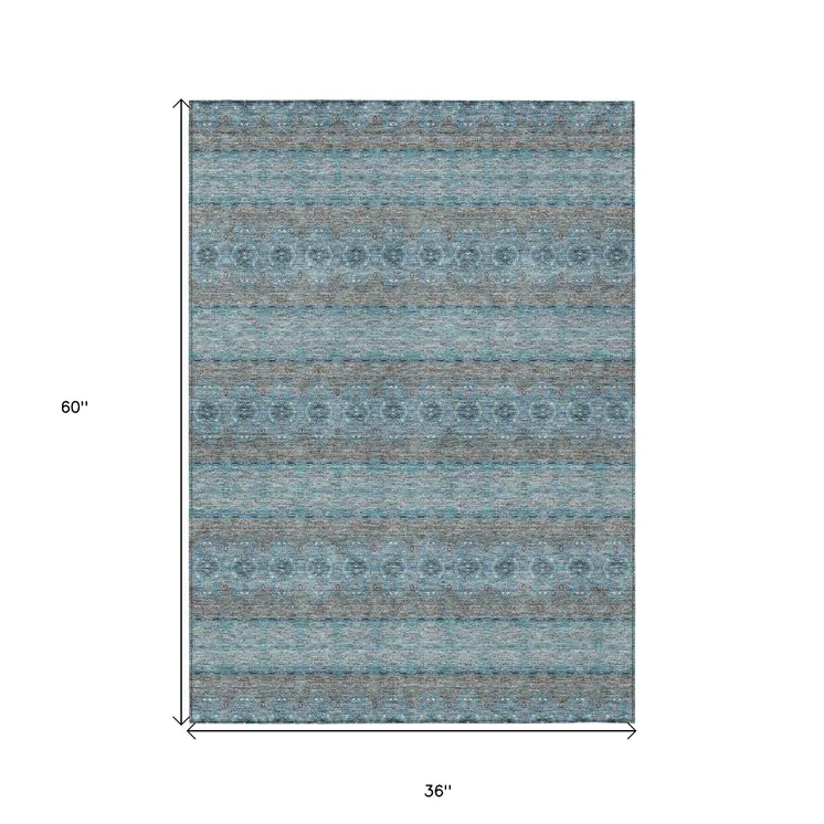 3' X 5' Teal Blue Aqua And Gray Floral Medallion Washable Indoor Outdoor Area Rug