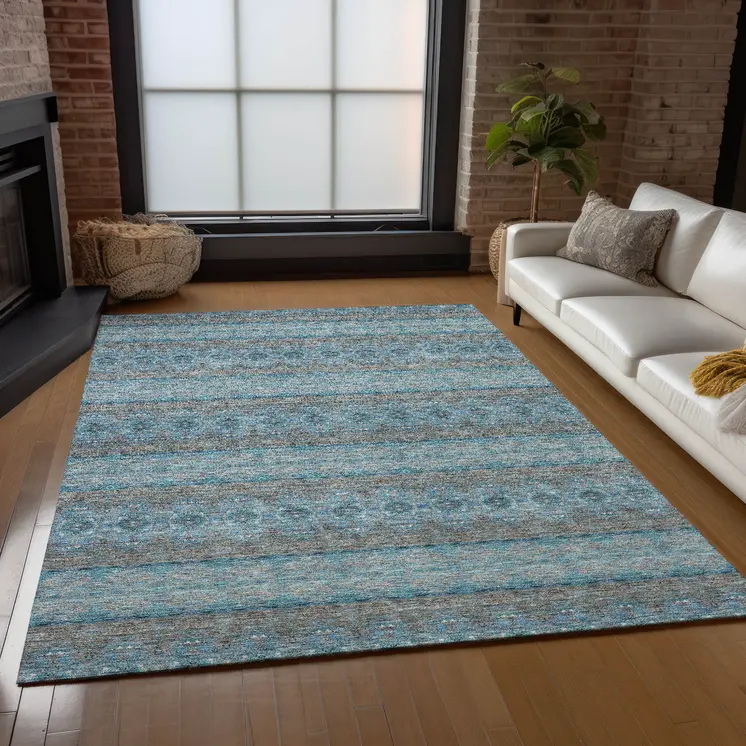 3' X 5' Teal Blue Aqua And Gray Floral Medallion Washable Indoor Outdoor Area Rug
