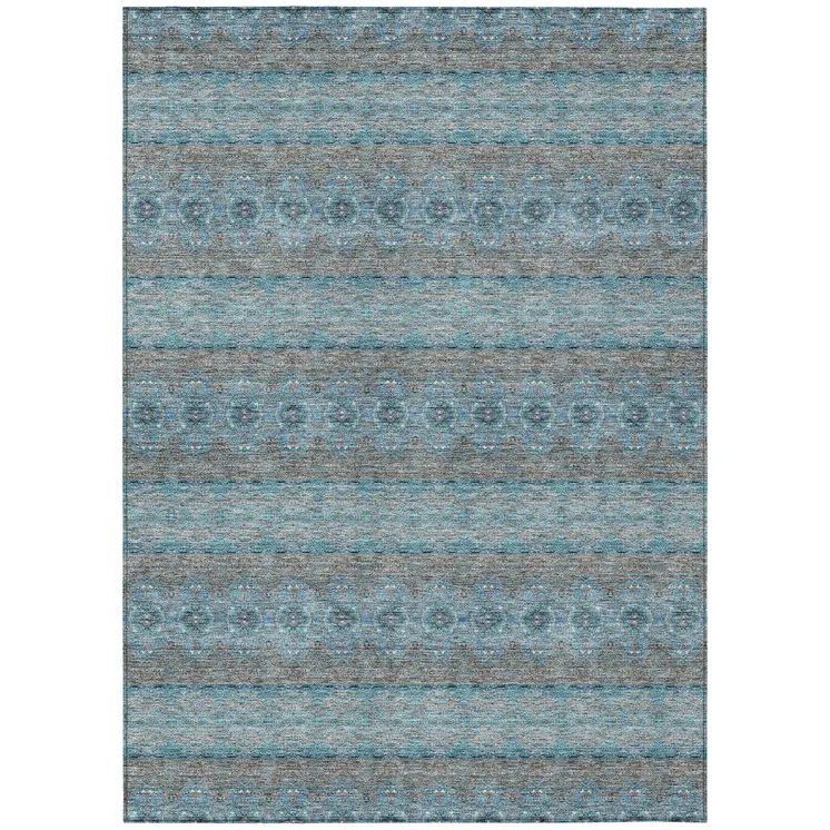 5' X 8' Teal Blue Aqua And Gray Floral Medallion Washable Indoor Outdoor Area Rug