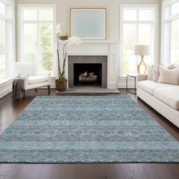 5' X 8' Teal Blue Aqua And Gray Floral Medallion Washable Indoor Outdoor Area Rug